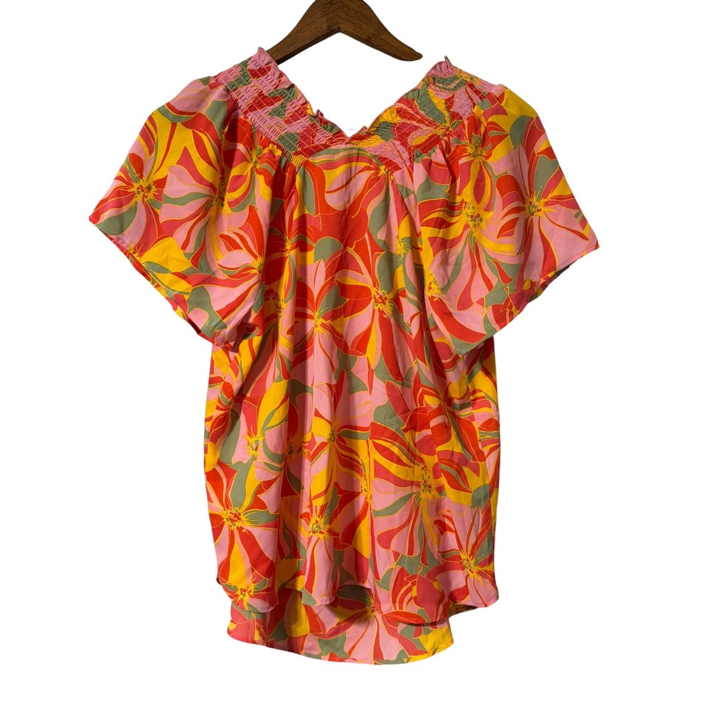 Pleione Floral Blouse Women M Pink Orange Excellent Smocked Square Neck Top - Picture 7 of 7